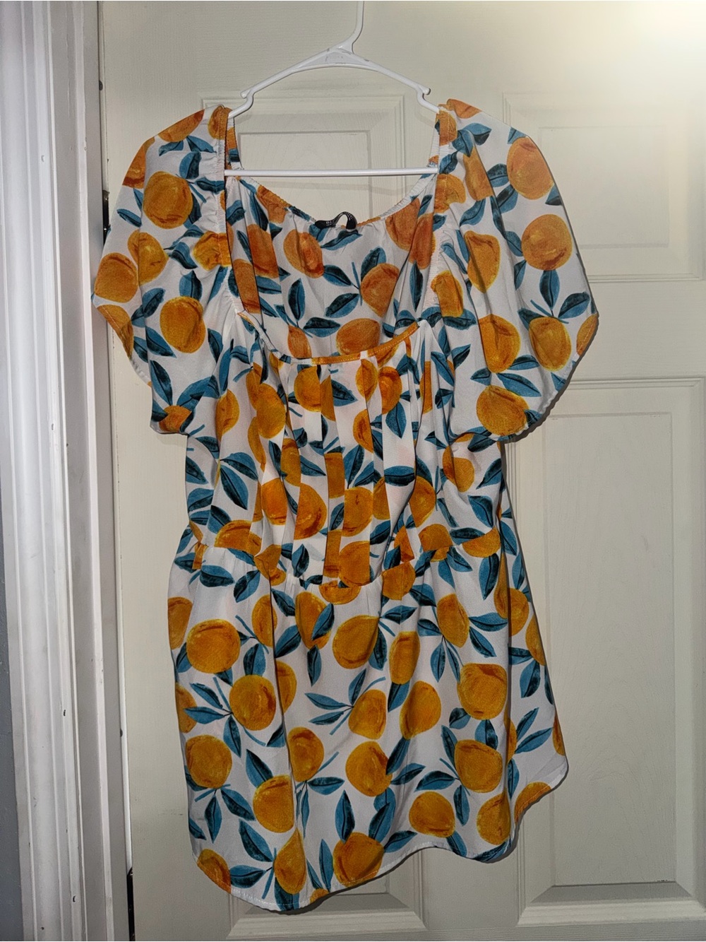 Women’s White Orange Print Short Sleeve Peasant Top Bloomchic